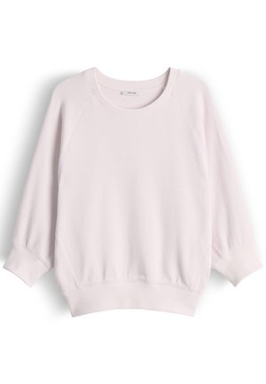 Felpa rosa chiaro con collo rotondo, maniche lunghe raglan e polsini e orlo a costine, mostrata su sfondo bianco.