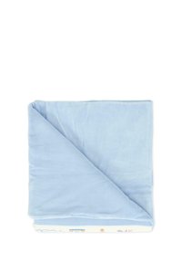 Un plaid in morbido blu chiaro piegato con una texture liscia; un bordo decorato presenta illustrazioni e colori. Design morbido e accogliente.