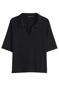 Schwarzes Kurzarm-Top mit Kragen aus glattem Stoff. Verfügt über einen dezenten Halsausschnitt und eine entspannte, kastige Silhouette.