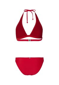 Červený bikiny set s halter topom v trojuholníkovom strihu s nastaviteľnými šnúrkami a zodpovedajúcim spodným dielom. Hladká, elastická tkanina, bez vzorov.