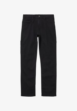 Pantalons cargo en coton noir avec une coupe droite, comportant des poches avant et latérales, une fermeture à bouton et une texture lisse.