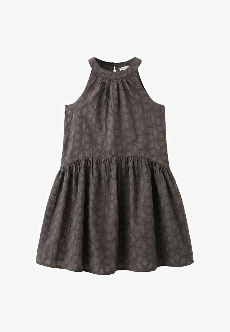 Robe sans manches gris foncé avec col haut, taille froncée et motif floral brodé discret, fermeture à boutons dans le dos.