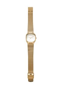Gold mesh strap watch with a square, white face. Features a minimalist design, silver accents, and a clasp closure.