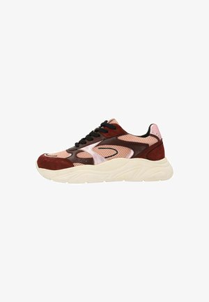 Sport sneaker with a mix of maroon suede and pink mesh. Features a chunky white sole, black laces, and curvy accents on the side.