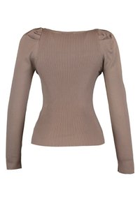 Braunes, geripptes Langarmshirt mit quadratischem Ausschnitt und dezenten, gepufften Schultern, das eine enganliegende Passform hat und die Körperkonturen betont.