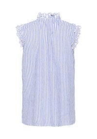Blusa a righe blu e bianche con collo alto, maniche a cappuccio arricciate e vestibilità ampia. Presenta una chiusura con bottoni e una texture di stoffa morbida.