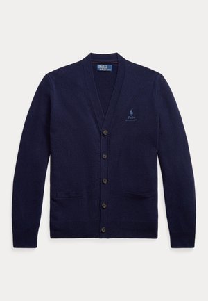 Navy blue cardigan made of soft knit fabric. Features a V-neck, six buttons, two front pockets, and an embroidered logo on the chest.
