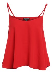 Röd ärmlös topp med tunna stänger, lös passform och en lätt utflaring, märkt med märket "Topshop" och storlekslappar inuti halsringningen.