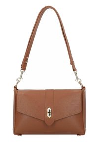 Sac à main en cuir texturé marron avec une fermeture rabat, quincaillerie dorée et une bandoulière amovible. Présente une forme rectangulaire et des accents lisses.