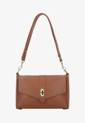 Braune, strukturierte Lederhandtasche mit einer Klappenverschluss, goldenen Beschlägen und einem abnehmbaren Schultergurt. Verfügt über eine rechteckige Form und glatte Akzentuierungen.