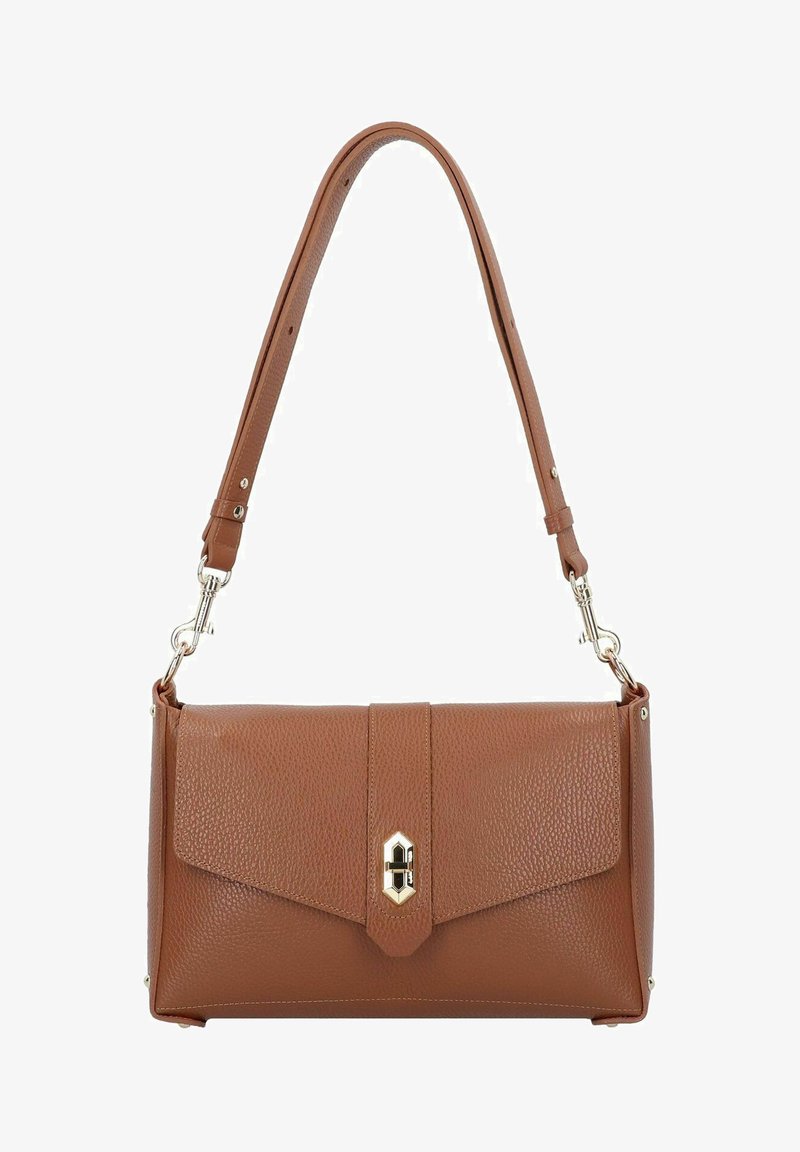 Borsa a tracolla in pelle marrone con texture, chiusura a pattina, accessori in oro e manico a spalla removibile. Presenta una forma rettangolare e finiture lisce.