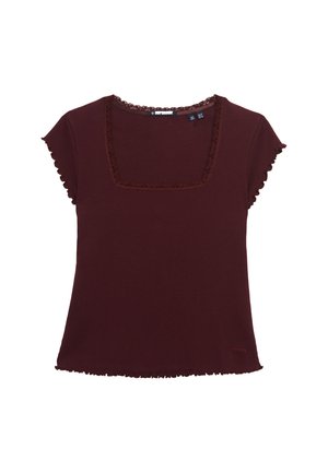 Kortærmet, mørkerød ribstrikket top med firkantet halsudskæring og bølgede kanter på ærmer og kant.