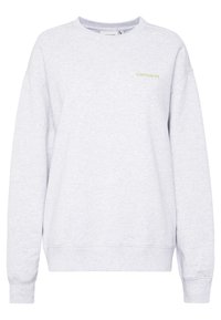 Světlě šedá mikina s kulatým výstřihem, žebrovanými manžetami a lemem, vyrobená z měkké látky, s jemným zeleným logem na hrudi.