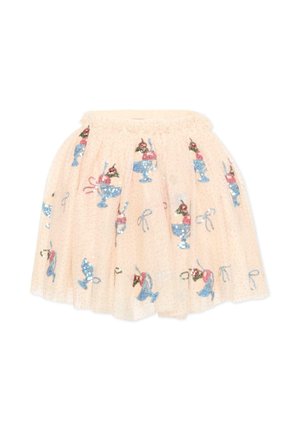 Spódnica z tiulu w kolorze kremowym, ozdobiona rozsianymi aplikacjami cekinowymi w kształcie lodów błękitnych i różowych, z kokardkami, z marszczoną elastyczną talią.