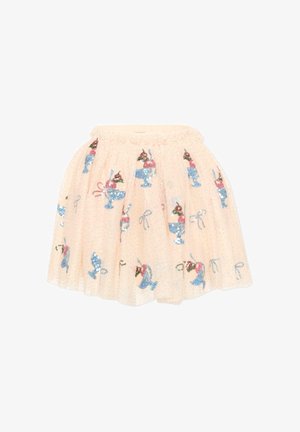 Jupe en tulle couleur crème avec des appliques paillettes dispersées représentant des coupes glacées bleues et roses et des nœuds, taille élastique froncée.