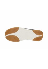 Suola di scarpa con una superficie in gomma texturizzata, caratterizzata da un'intersuola bianca e un battistrada in gomma marrone con scanalature evidenti per una migliore trazione.