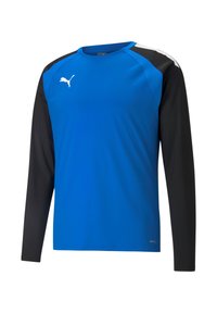 Blauwe sportshirt met lange mouwen en zwarte mouwen, met een wit logo op de borst. Gemaakt van vochtafvoerende stof, met een gladde textuur.