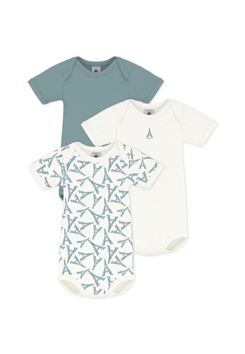 Τρία παιδικά φορμάκια: ένα σε θαλασσί πράσινο, ένα εκρού με μικρό Πύργο του Άιφελ και ένα εκρού με πολλά μοτίβα Πύργου του Άιφελ. Απαλό ύφασμα.