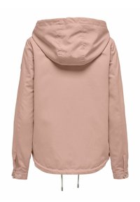 Veste à capuche rose clair avec manches longues, cordons ajustables à l'ourlet et poignets à boutons-pression, vue de dos.