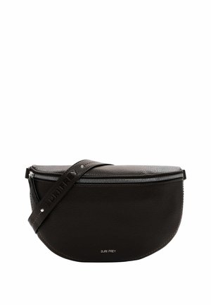 Sac en cuir noir à bandoulière de forme arrondie, avec une surface texturée, une fermeture éclair et une bandoulière adjustable avec un logo en relief.