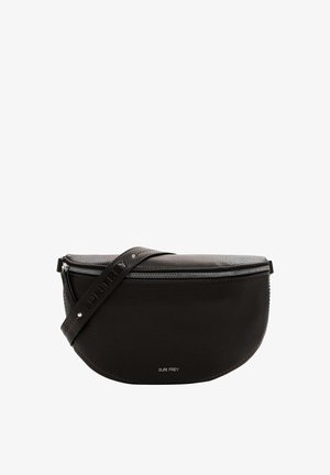Borsa a tracolla in pelle nera con forma arrotondata, superficie texture, chiusura con zip e tracolla regolabile con logo impresso.