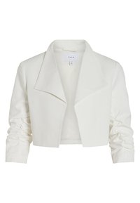 White cropped jacket with oversized collar, ruched sleeves, and a smooth fabric texture. Label on the inside displays "VILA."
