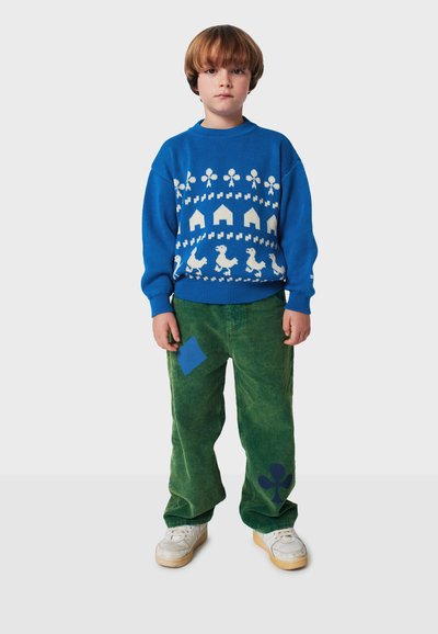 Modrý pletený sveter s bielymi kvetinovými a zvieracími vzormi, skombinovaný so zelenými zvetvenými nohavicami s modrými a tmavozelenými škvrnami. Biele tenisky.