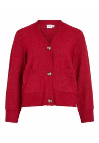 Crvena pletena kardiganica s V-izrezom, dva prednja džepa i pet dugmadi. Mekana tekstura s rebrastim manžetama i rubom.