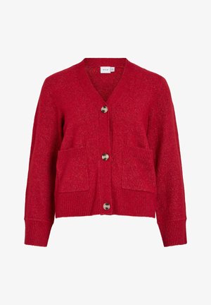 Czerwony sweter typu kardigan z dekoltem w kształcie V, dwoma przednimi kieszeniami i pięcioma guzikami. Miękka struktura z prążkowanymi mankietami i dolnym końcem.
