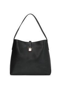 Melnas ādas rokassoma ar vienu plecu siksnu un mazu zelta atslēgu aizdari centrā priekšpusē.