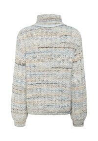 Gruby sweter pleciony z wysokim kołnierzem, ściągaczami oraz wielokolorowym wzorem w delikatnych odcieniach niebieskiego, beżowego, szarego i czarnego, pokazany z tyłu.