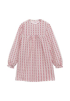 Langärmliges Kleid mit Muster in Weiß, Rot und Blau. Verfügt über ein gerafftes Oberteil, einen runden Ausschnitt und Rüschensäume. Leichtes Material mit floralen Motiven.