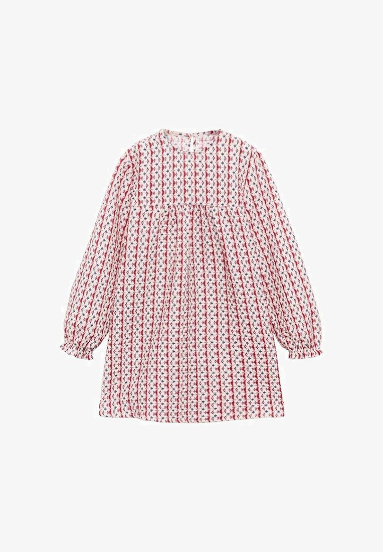 Kratka obleka z dolgimi rokavi v beli, rdeči in modri barvi. Ima nabirano oprsje, okroglo ovratnico in naborke na koncu rokavov. Lahka in zračna tkanina s cvetličnim motivom.