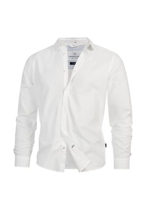 Witte overhemd met lange mouwen, knopen en een kraag, licht openstaande knopen en een zichtbare gestreepte binnenlabel met het merk Kronstadt.