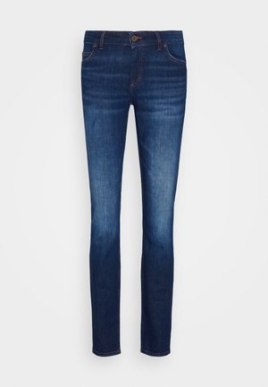 Donkerblauwe denim jeans met een slim fit, vijf-pocket ontwerp en knoopsluiting. Heeft subtiele vervaging en gestikte accenten in contrastkleur.