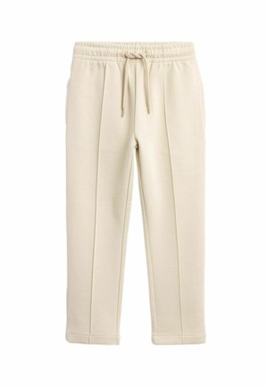 Pantalon beige avec cordon de serrage, taille élastique et plis avant cousus, coupe droite et ourlets retroussés.