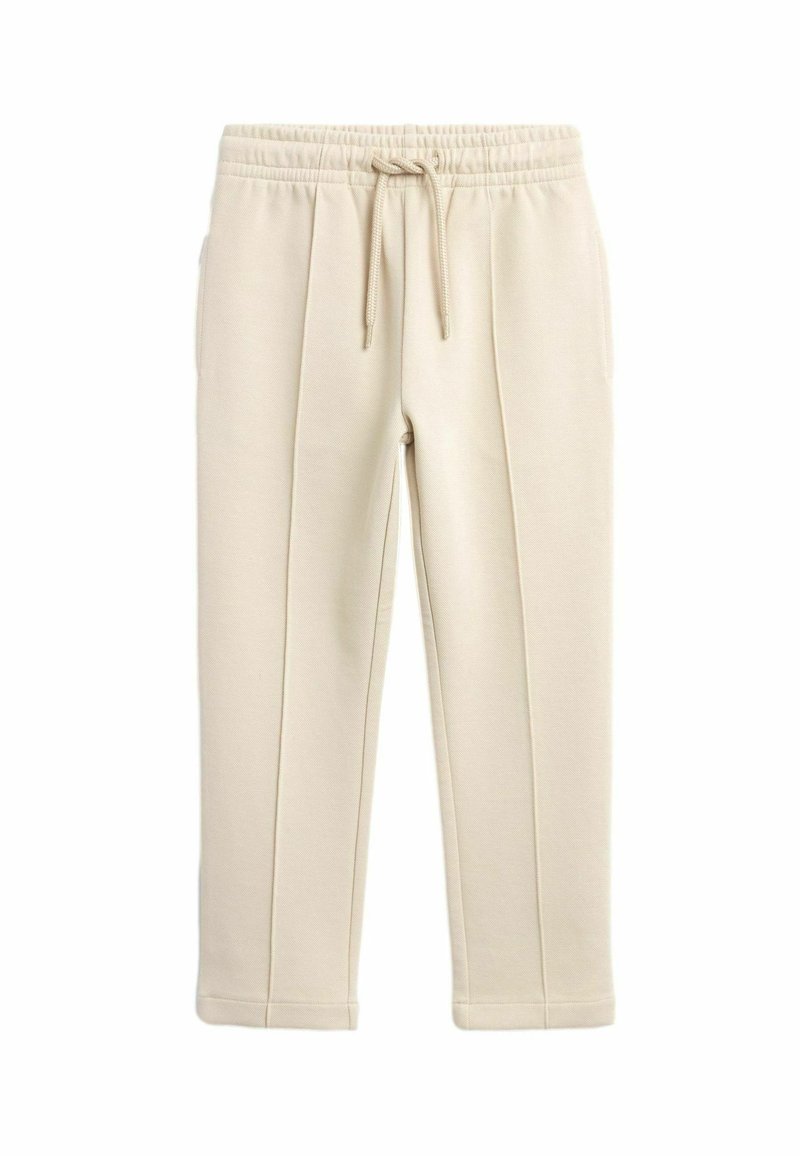 Pantalon beige avec cordon de serrage, taille élastique et plis avant cousus, coupe droite et ourlets retroussés.