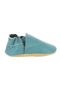 Blaue Lederschuhe mit einer weichen Wildledersohle, abgerundetem Zeh und einem gerafften Knöchel-Design. Verfügt über weiße Nähte entlang der Kanten.