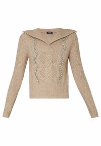 Beżowy sweter z dzianiny z szerokim kołnierzem, zdobiony teksturowanymi wzorami i cekinami na przodzie. Długie rękawy, krótki krój.