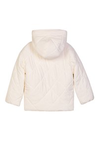 Giacca imbottita trapuntata di colore bianco sporco con cappuccio. Presenta una cucitura a motivo diamante, maniche lunghe e una texture morbida.