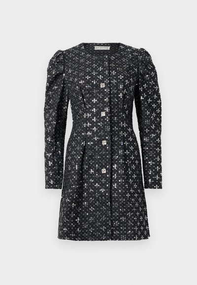 Black long-sleeve dress with puffed shoulders, covered in silver sequins, featuring four square decorative buttons down the front.