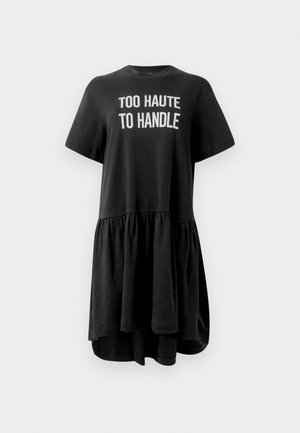 Black t-shirt dress with short sleeves, flared hem, gathered skirt, and white text "TOO HAUTE TO HANDLE" on the front. Cotton fabric.