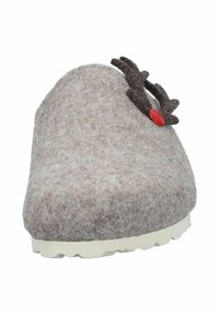 Soft gray felt slipper with white sole, decorated with dark brown felt antlers and a small red button on the upper side.