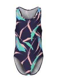 Maillot de bain bleu marine avec des motifs abstraits de coups de pinceau en rose et vert ; il présente un design sans manches et des ouvertures de jambe échancrées.