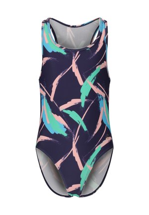Maillot de bain bleu marine avec des motifs abstraits de coups de pinceau en rose et vert ; il présente un design sans manches et des ouvertures de jambe échancrées.