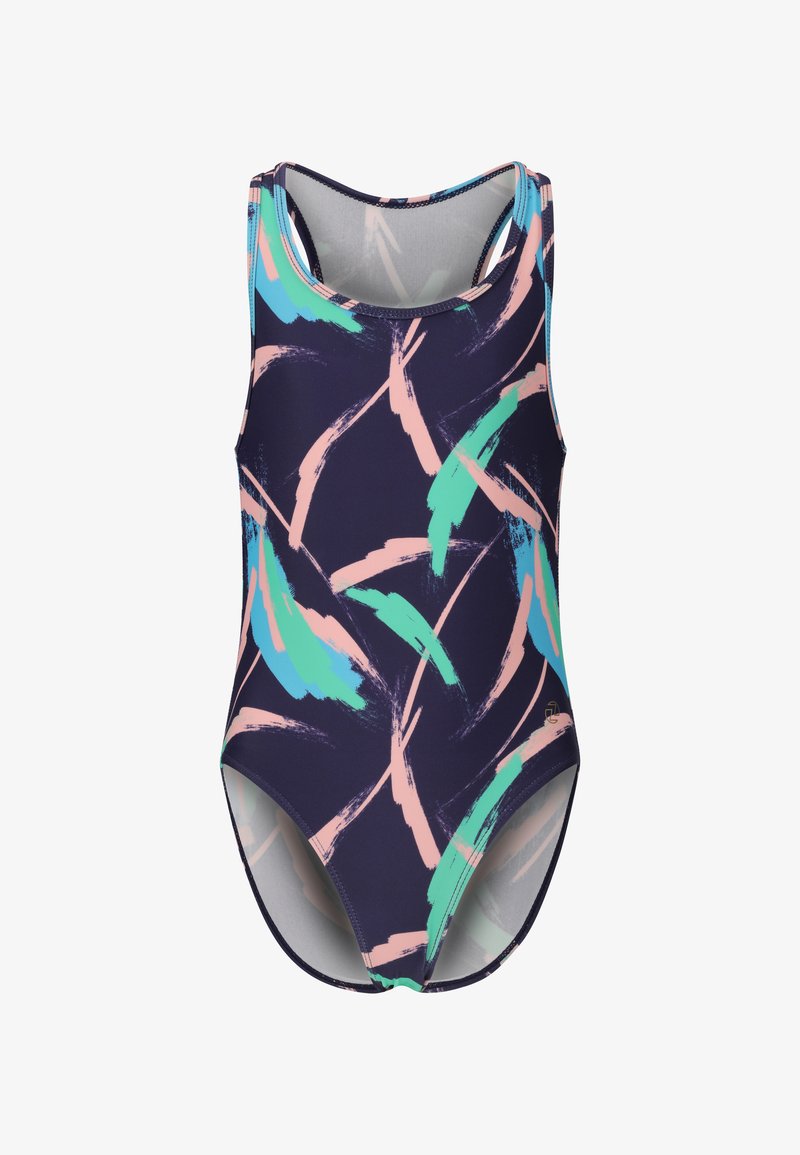 Costume da bagno blu navy con motivi astratti a pennellate in rosa e verde; presenta un design senza maniche e aperture per le gambe a taglio alto.