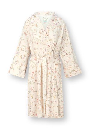 Cremefarbener Bademantel mit rosa und gelbem Blumenmuster, langen Ärmeln, Vordertaschen und einem Taillengürtel.