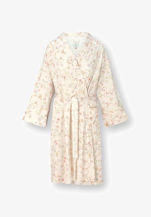 Cremefarbener Bademantel mit rosa und gelbem Blumenmuster, langen Ärmeln, Vordertaschen und einem Taillengürtel.