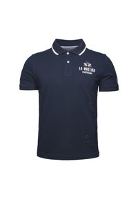 Navy blue polo shirt made of cotton, featuring a contrasting white collar, embroidered logo, and subtle side texture accents.