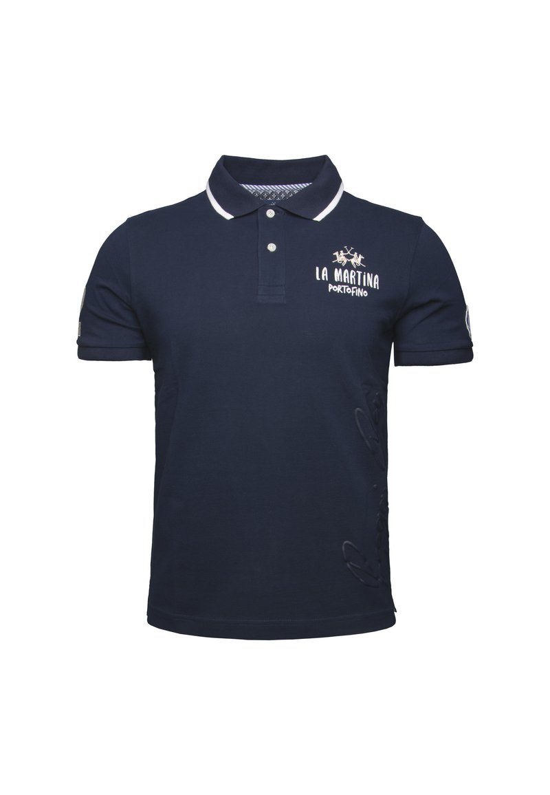 Navy blue polo shirt made of cotton, featuring a contrasting white collar, embroidered logo, and subtle side texture accents.